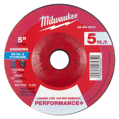 5" x 1/4" x 7/8" Performance+ Metal Grinding Wheel - Type 27 - 5PC
