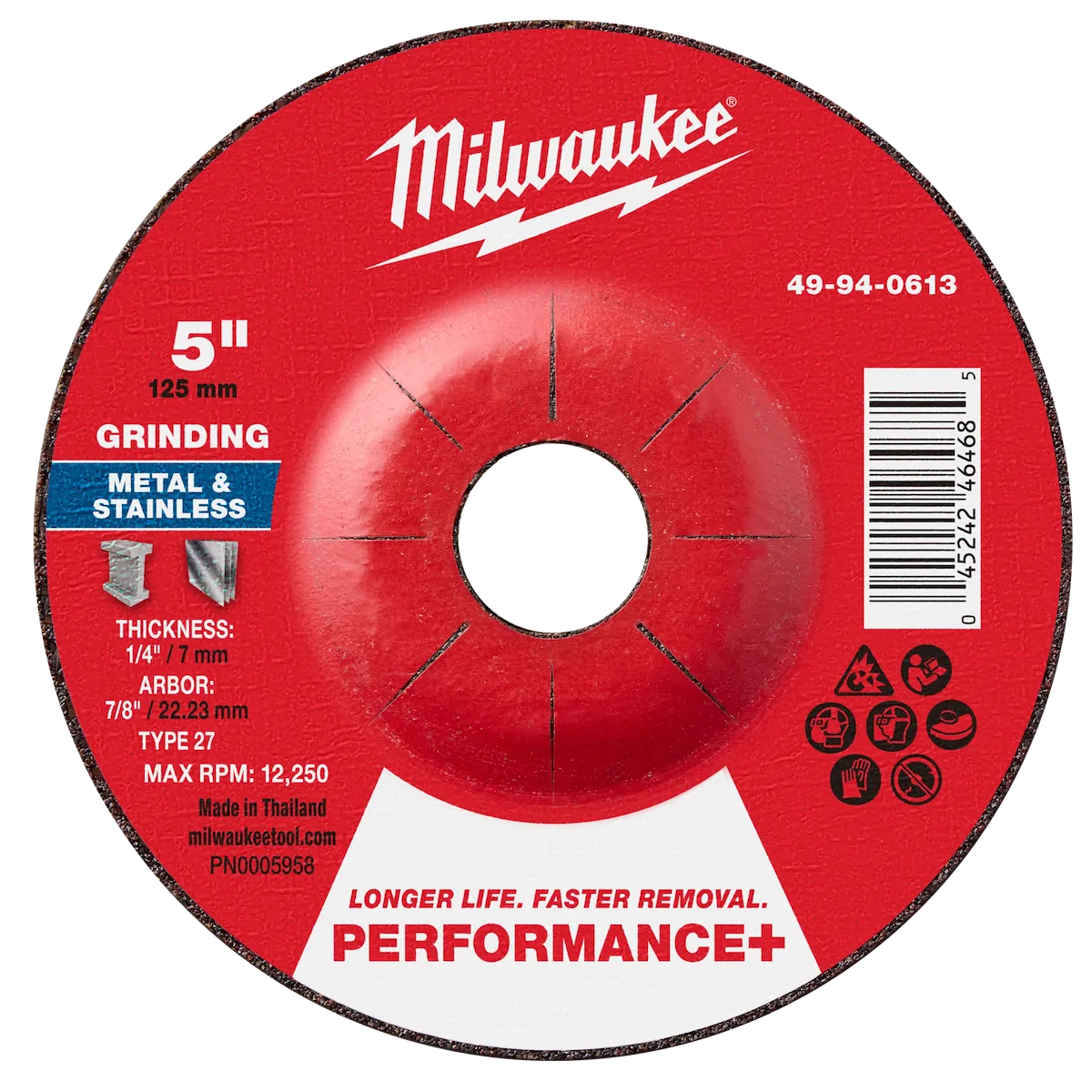 Milwaukee Tool 5" x 1/4" x 7/8" Performance+ Metal Grinding Wheel - Type 27 49-94-0613