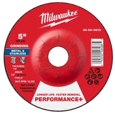 Milwaukee Tool 5" x 1/4" x 7/8" Performance+ Metal Grinding Wheel - Type 27 49-94-0613