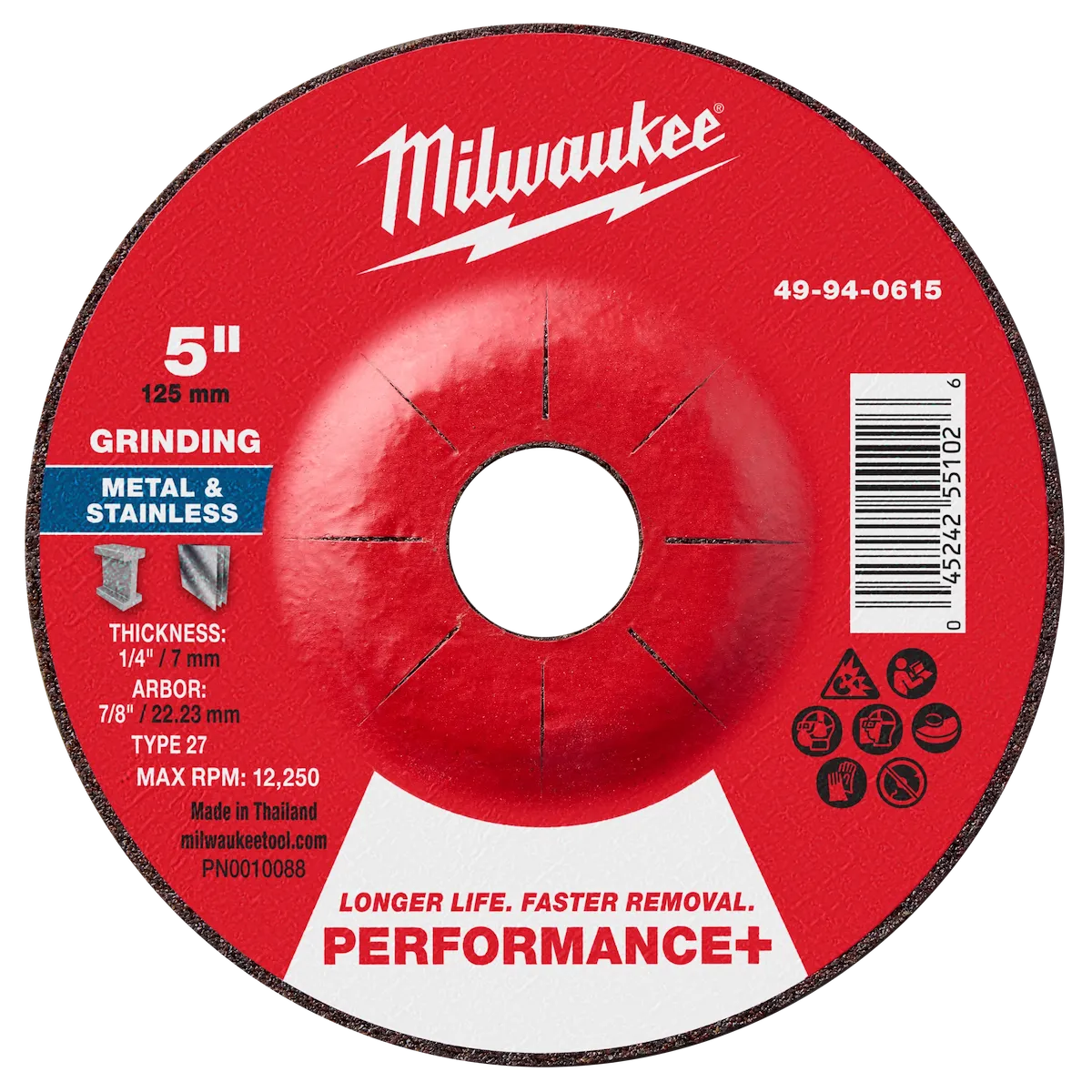 Milwaukee Tool 5" x 1/4" x 7/8" Performance+ Metal Grinding Wheel - Type 27 49-94-0615