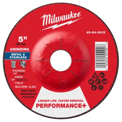 Milwaukee Tool 5" x 1/4" x 7/8" Performance+ Metal Grinding Wheel - Type 27 49-94-0615