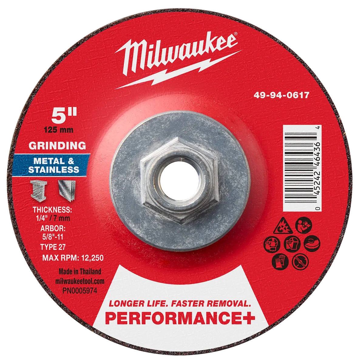 5" x 1/4" x 5/8"-11 Performance+ Metal Grinding Wheel - Type 27