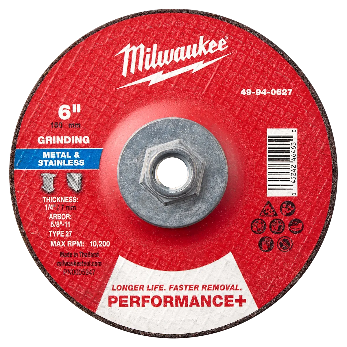 6" x 1/4" x 5/8"-11 Performance+ Metal Grinding Wheel - Type 27