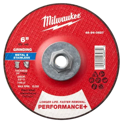 6" x 1/4" x 5/8"-11 Performance+ Metal Grinding Wheel - Type 27