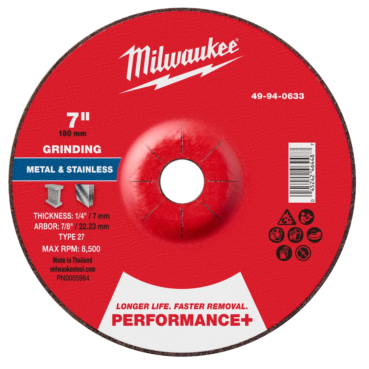 7" x 1/4" x 7/8" Performance+ Metal Grinding Wheel - Type 27
