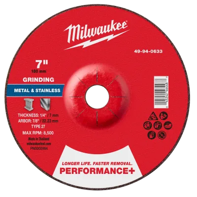 7" x 1/4" x 7/8" Performance+ Metal Grinding Wheel - Type 27