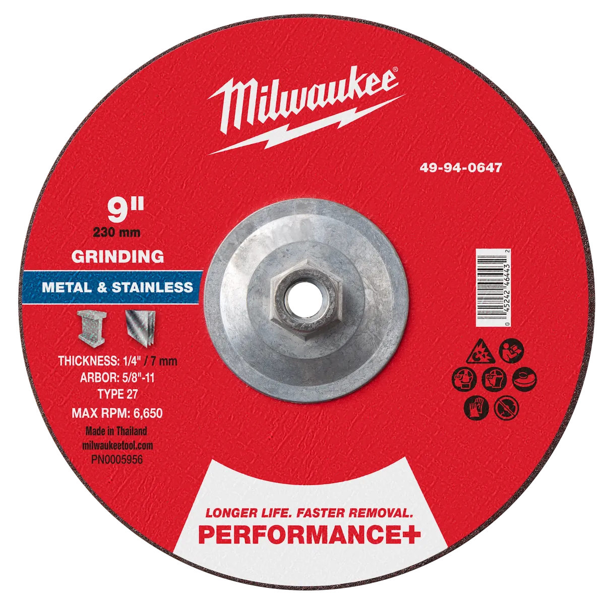 9" x 1/4" x 5/8"-11 Performance+ Metal Grinding Wheel - Type 27