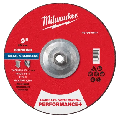 9" x 1/4" x 5/8"-11 Performance+ Metal Grinding Wheel - Type 27