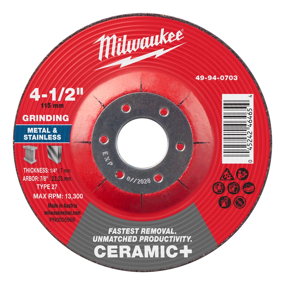 4-1/2" x 1/4" x 7/8" Ceramic+ Metal Grinding Wheel - Type 27