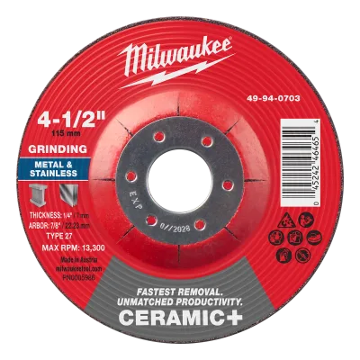 4-1/2" x 1/4" x 7/8" Ceramic+ Metal Grinding Wheel - Type 27