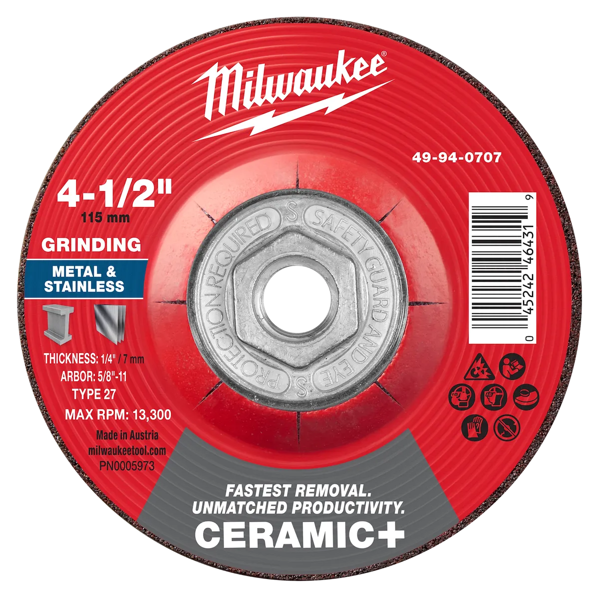 4-1/2" x 1/4" x 5/8"-11 Ceramic+ Metal Grinding Wheel - Type 27