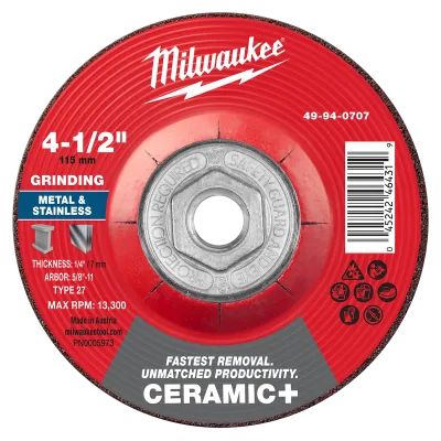 4-1/2" x 1/4" x 5/8"-11 Ceramic+ Metal Grinding Wheel - Type 27
