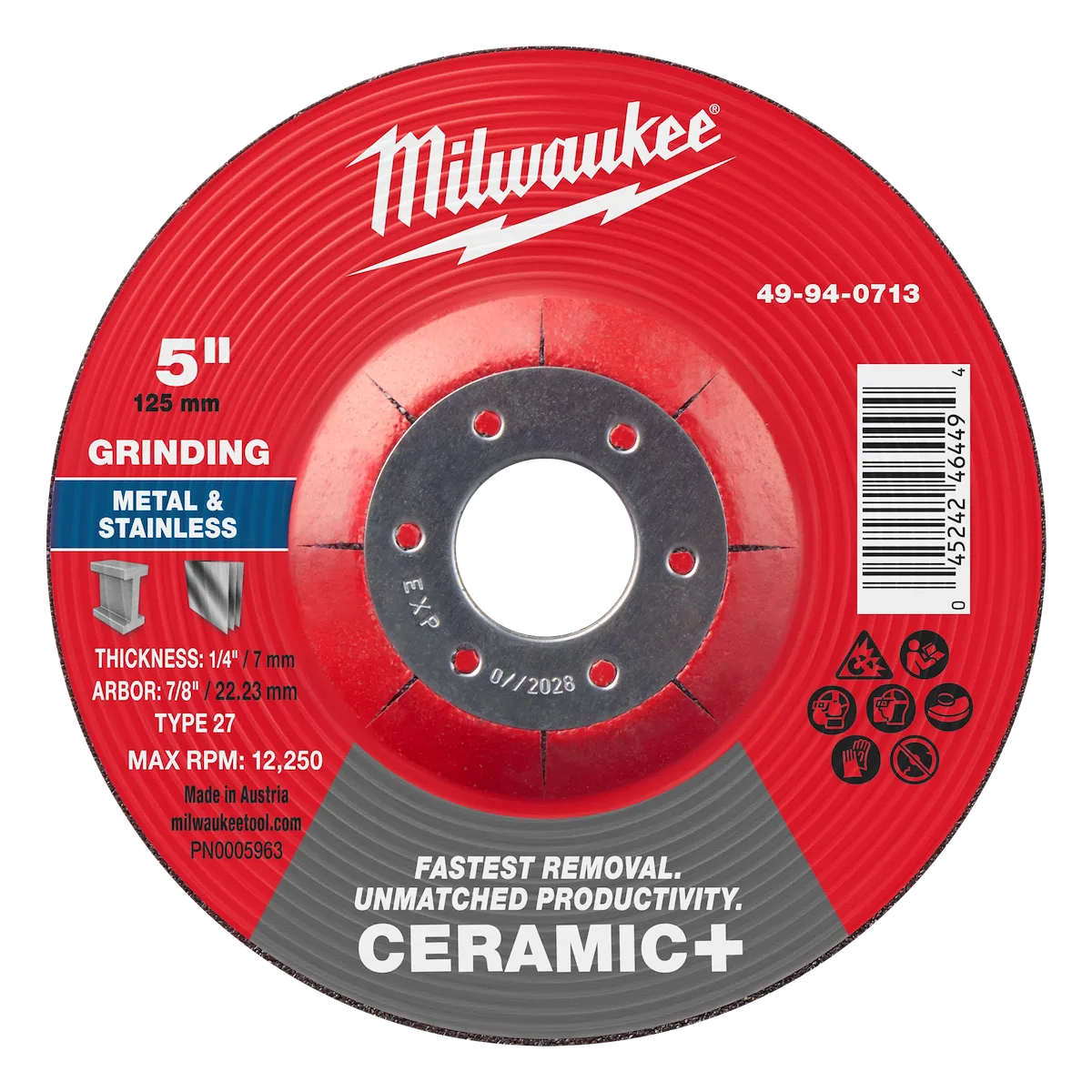 5" x 1/4" x 7/8" Ceramic+ Metal Grinding Wheel - Type 27