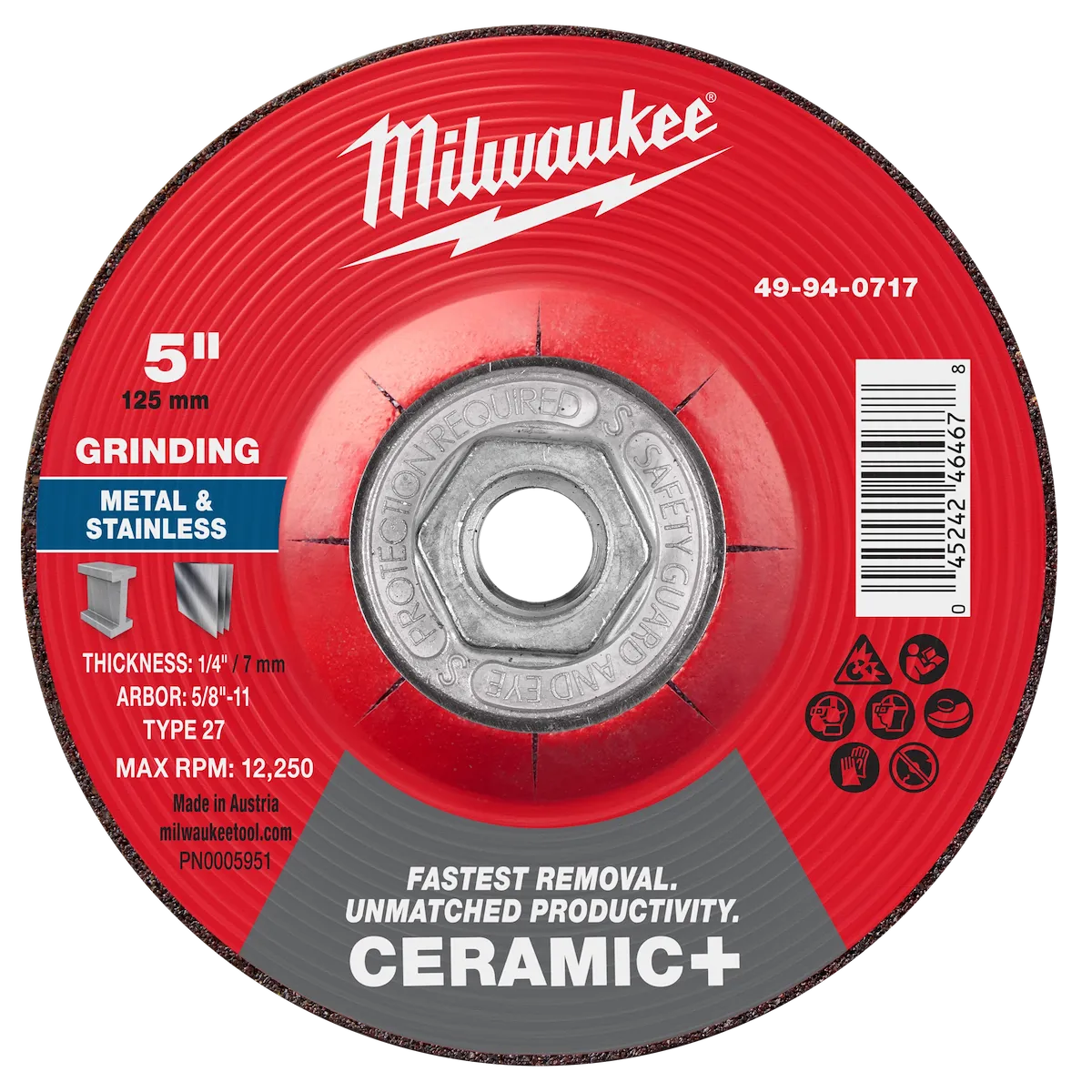 5" x 1/4" x 5/8"-11 Ceramic+ Metal Grinding Wheel - Type 27