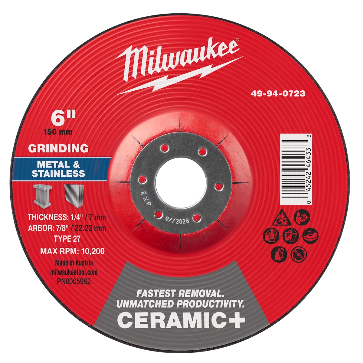 6" x 1/4" x 7/8" Ceramic+ Metal Grinding Wheel - Type 27