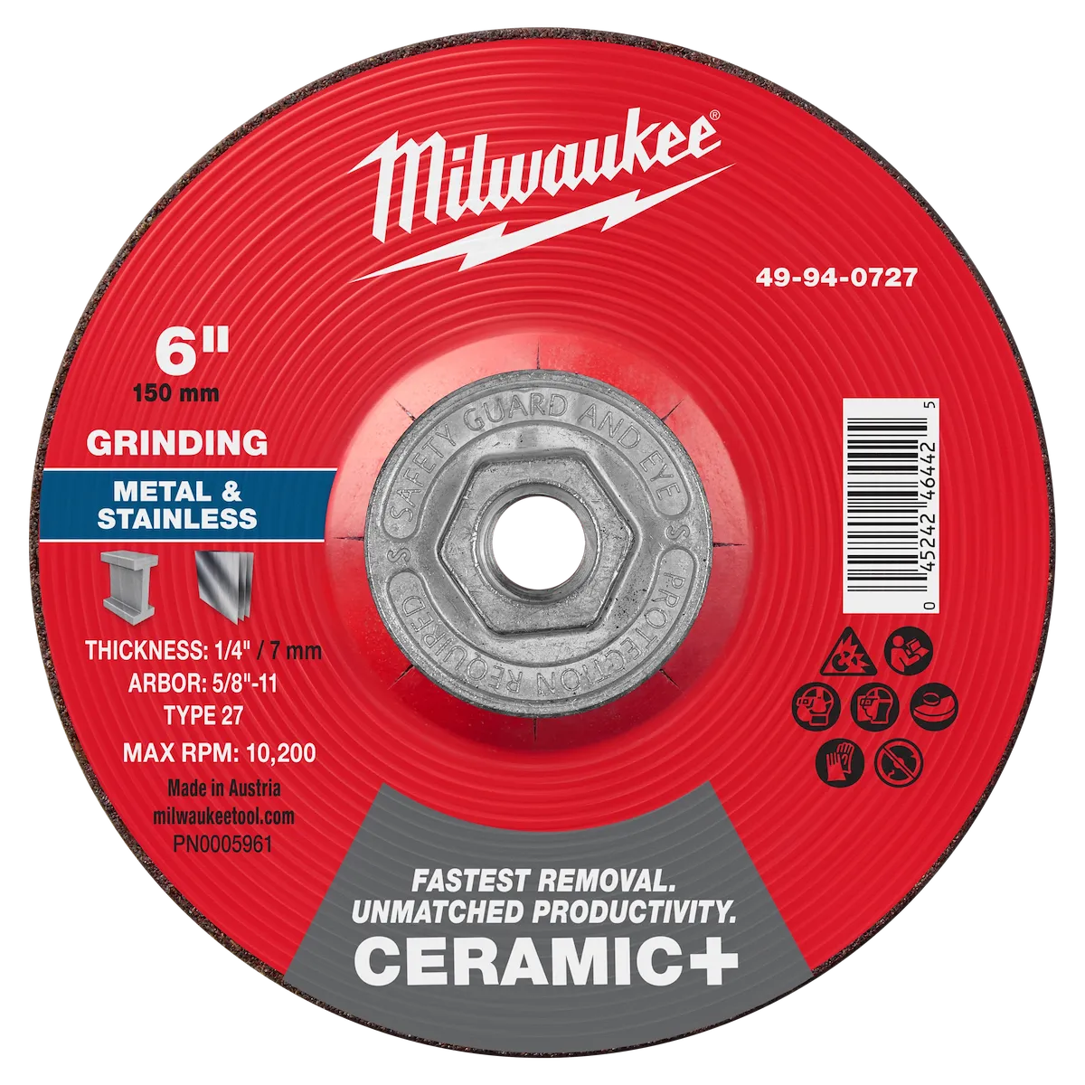 6" x 1/4" x 5/8"-11 Ceramic+ Metal Grinding Wheel - Type 27