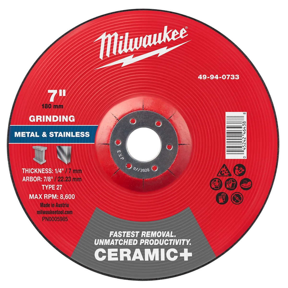 7" x 1/4" x 7/8" Ceramic+ Metal Grinding Wheel - Type 27