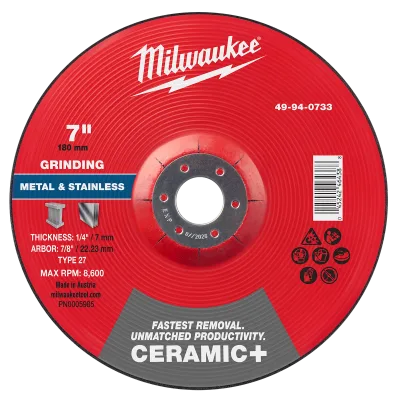 7" x 1/4" x 7/8" Ceramic+ Metal Grinding Wheel - Type 27