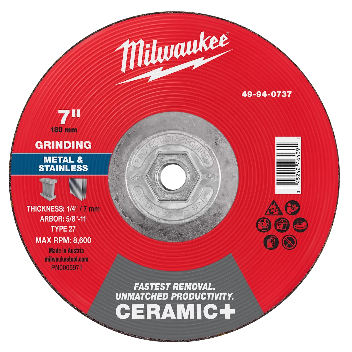 7" x 1/4" x 5/8"-11 Ceramic+ Metal Grinding Wheel - Type 27