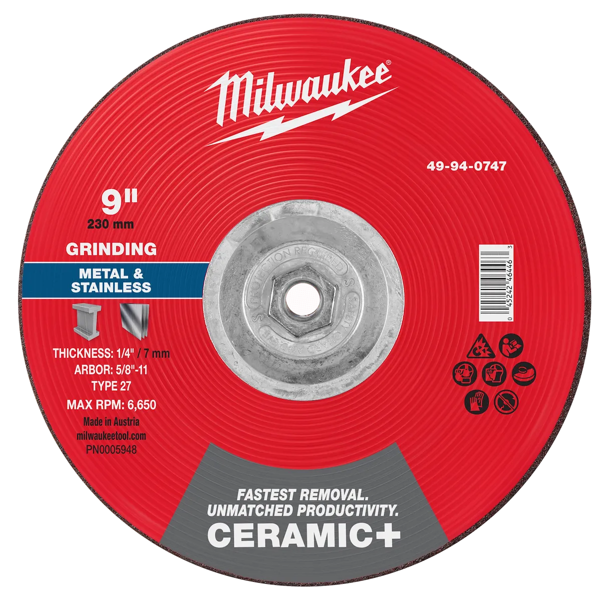 9" x 1/4" x 5/8"-11 Ceramic+ Metal Grinding Wheel - Type 27