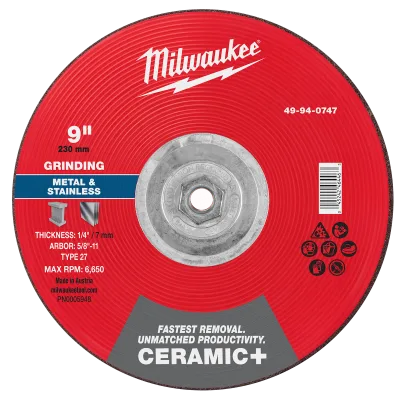 9" x 1/4" x 5/8"-11 Ceramic+ Metal Grinding Wheel - Type 27