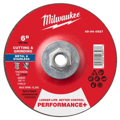 6" x 1/8" x 5/8"-11 Performance+ Dual Metal Cut & Grind Wheel - Type 27