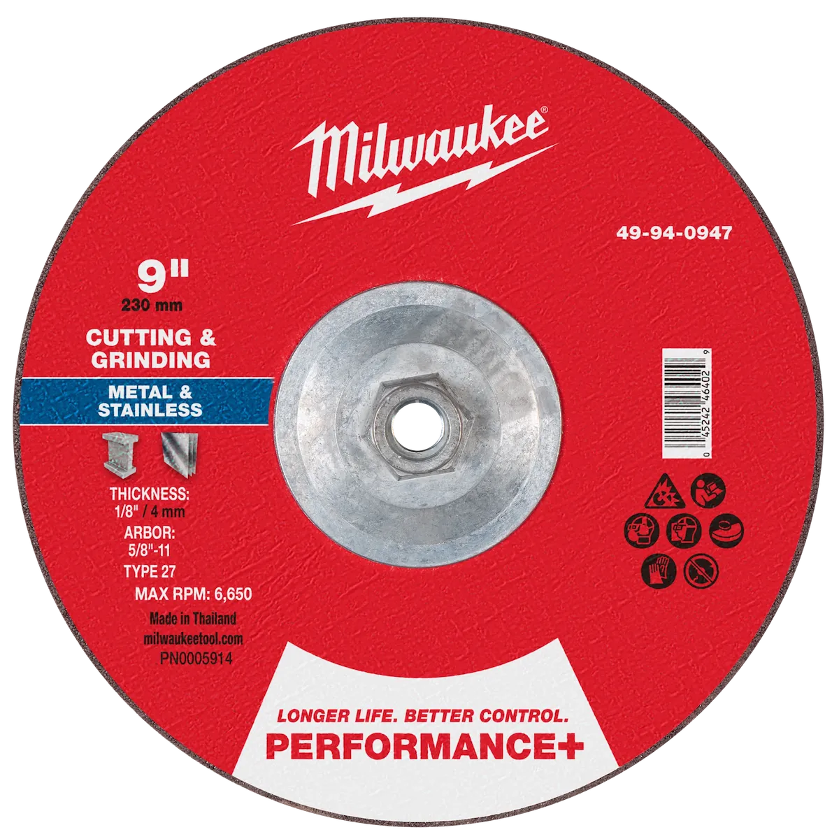 9" x 1/8" x 5/8"-11 Performance+ Dual Metal Cut & Grind Wheel - Type 27