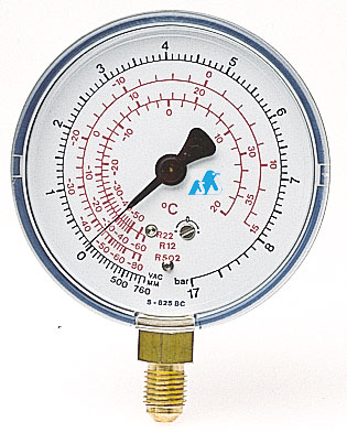 Low-Pressure Gauge 825-S-BC/447, R134a / R404A / R407C / R507, -1 to 8 bar, Ø80 mm, 1/4" Flare (435774)