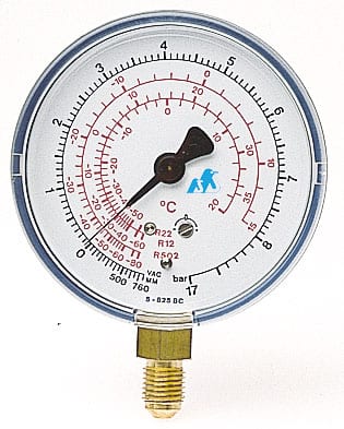 Low-Pressure Gauge 825-S-BC/447, R134a / R404A / R407C / R507, -1 to 8 bar, Ø80 mm, 1/4" Flare