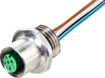 M12 female recept. A-cod. front F&B PUR-wires 5X0.34 1M