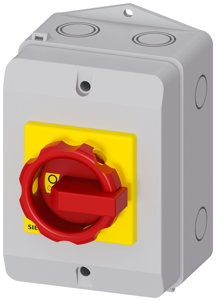 Siemens 3LD, EMERGENCY-STOP switch, 3-P, Iu:16 A, AC-23/400V: 7,5 kW, plastic IP65, rotary switch, r/g