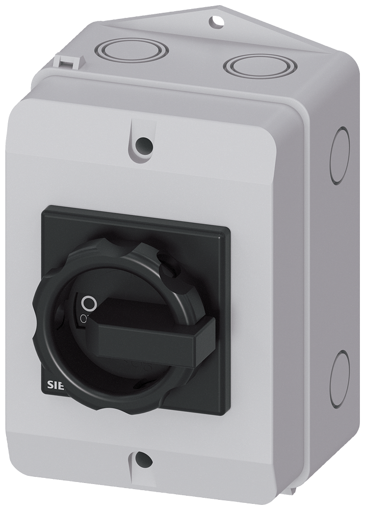 Siemens 3LD, Main switch, 3-P, Iu:16 A, AC-23/400V: 7,5 kW,plastic IP65, 1NC, 1NO, rotary switch, black