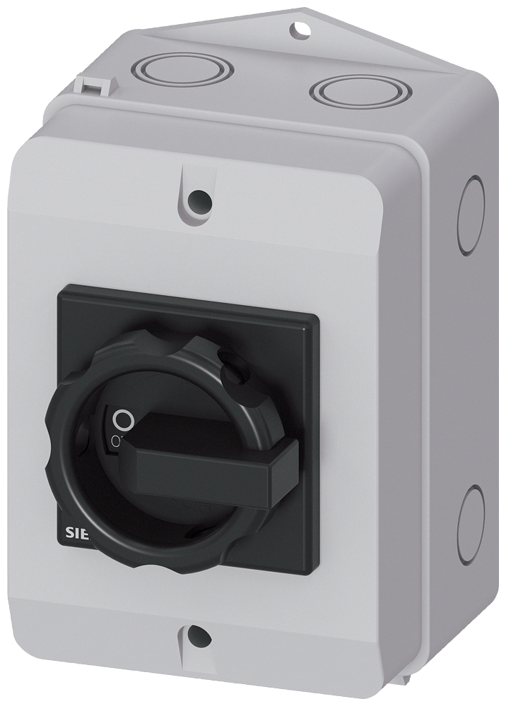 Siemens 3LD, Main switch, 4-P, Iu:16A, AC-23/400V: 7,5 kW,plastic IP65, 1NC+1NO, rotary switch, black