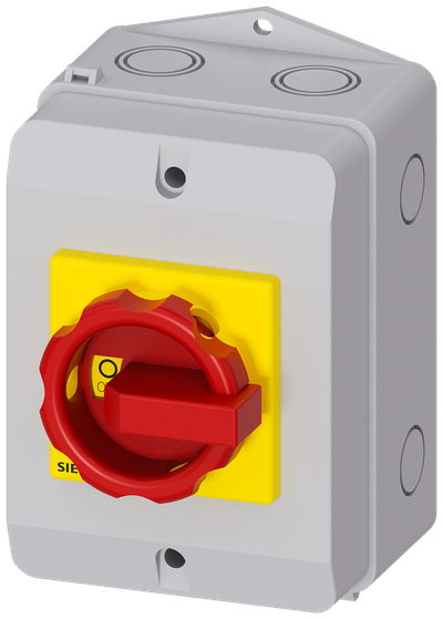 Siemens 3LD, E-STOP switch, 4-P, Iu:16 A, AC-23/400V: 7,5 kW, plastic IP65, 1NC+1NO, rotary switch, r/g