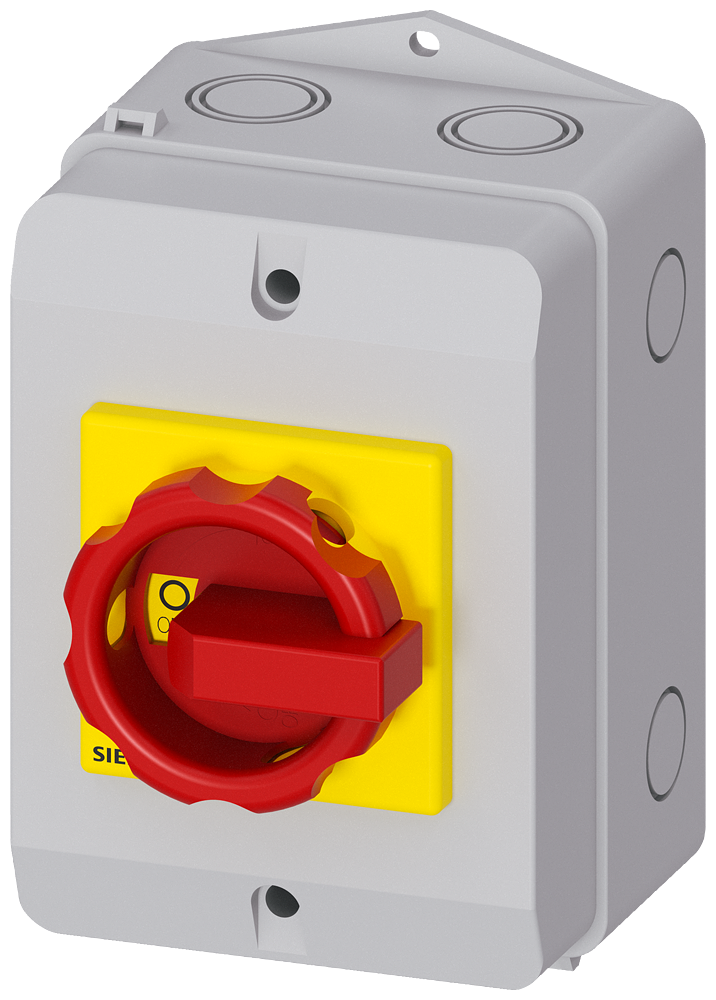 Siemens 3LD, EMERGENCY-STOP switch, 3-P, Iu:32 A, AC-23/400V: 11,5 kW, plastic IP65, rotary switch, r/g
