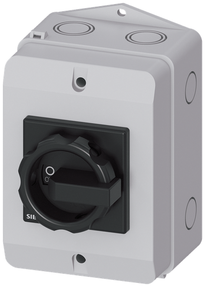 Siemens 3LD, Main switch, 3-P, Iu:32 A, AC-23/400V: 11,5 kW,plastic IP65, 1NC, 1NO, rotary switch, black