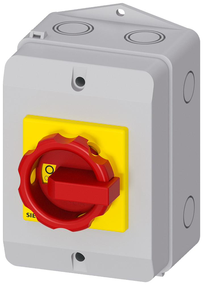 Siemens 3LD, E-STOP switch, 4-P, Iu:32 A, AC-23/400V: 11,5 kW, plastic IP65, 1NC+1NO, rotary switch, r/g
