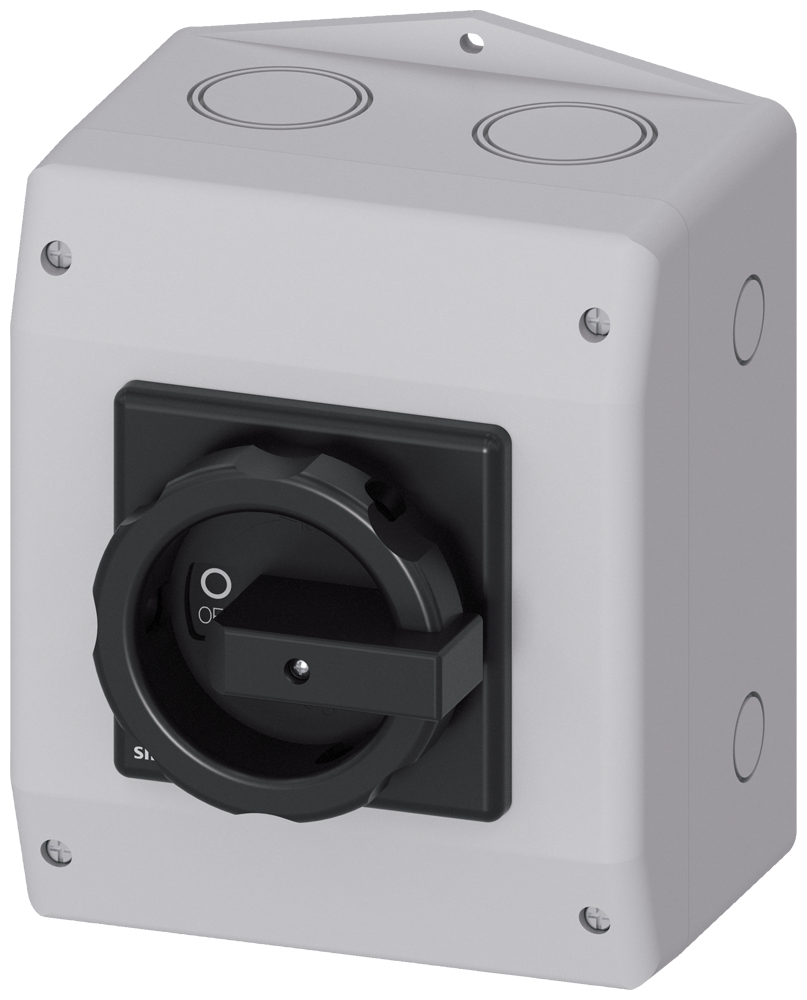 Siemens 3LD, Main switch, 3-P, Iu:63 A, AC-23/400V: 22 kW,plastic IP65, rotary switch, black