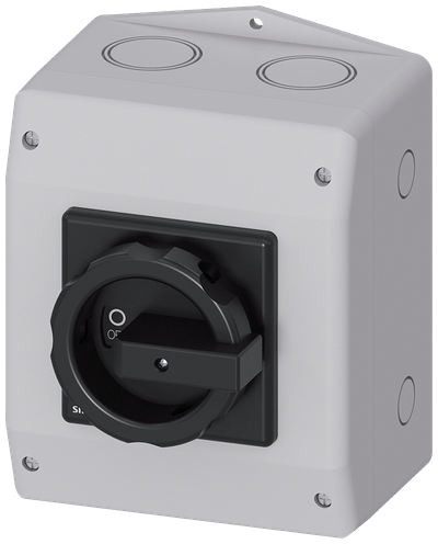 Siemens 3LD, Main switch, 3-P, Iu:63 A, AC-23/400V: 22 kW,plastic IP65, 1NC, 1NO, rotary switch, black