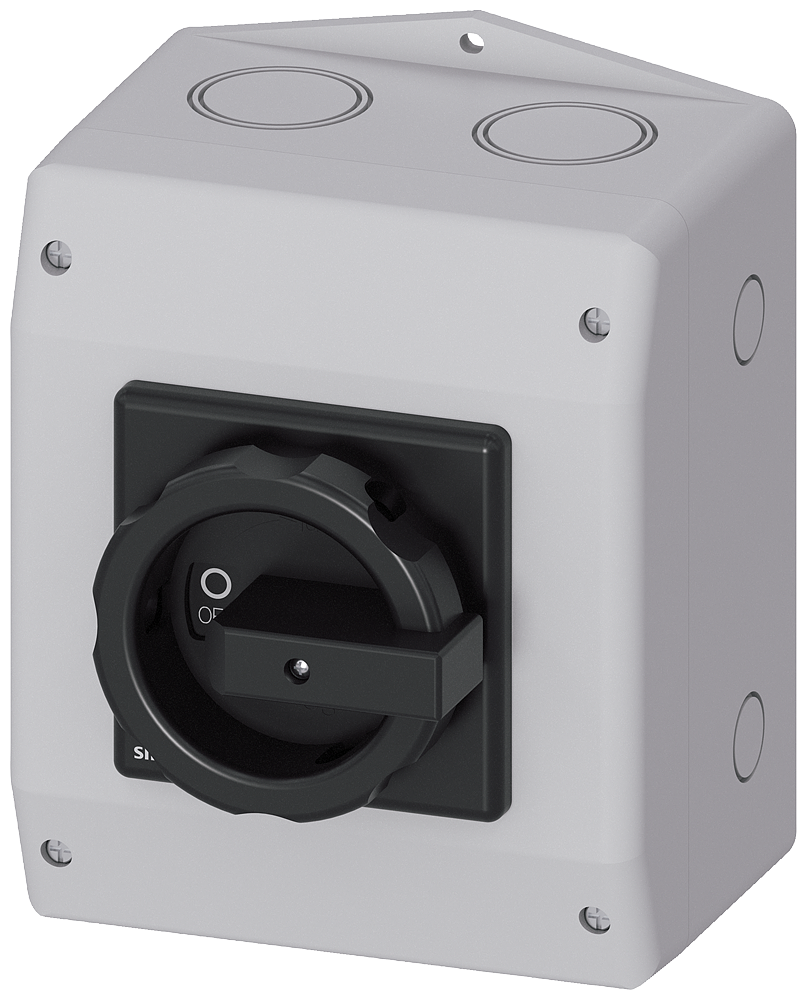 Siemens 3LD, Main switch, 4- p, Iu:63 A, AC-23/400V: 22 kW,plastic IP65, 1NC, 1NO, rotary switch, black