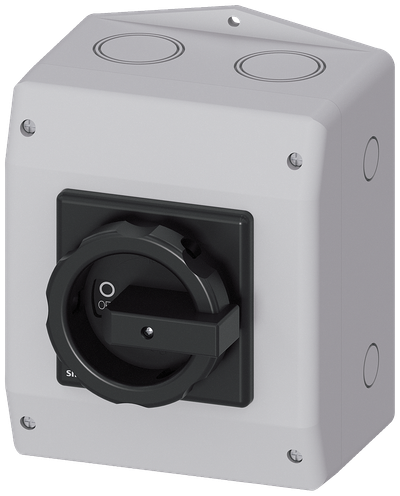Siemens 3LD, Main switch, 4- p, Iu:63 A, AC-23/400V: 22 kW,plastic IP65, 1NC, 1NO, rotary switch, black