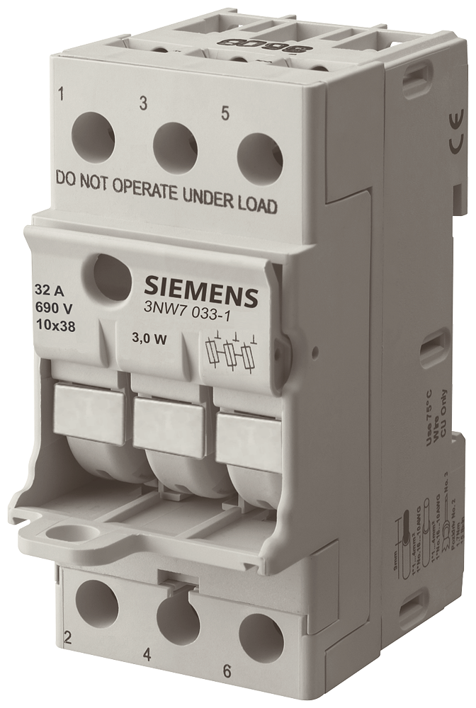 Siemens 3NW7, fuse base, 10 x 38 mm, 3-Pole, In: 32 A, Un AC: 690 V