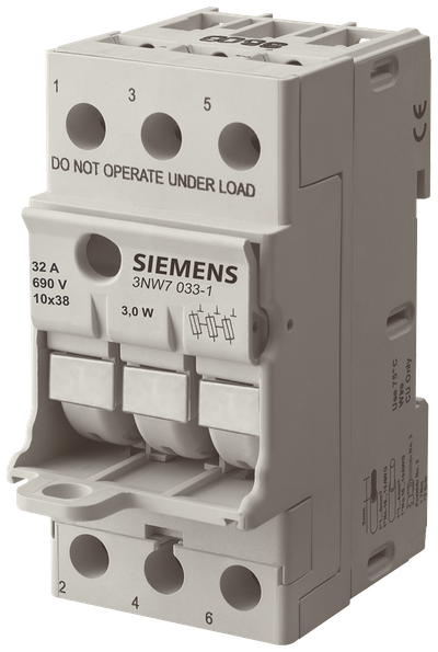 Siemens 3NW7, fuse base, 10 x 38 mm, 3-Pole, In: 32 A, Un AC: 690 V