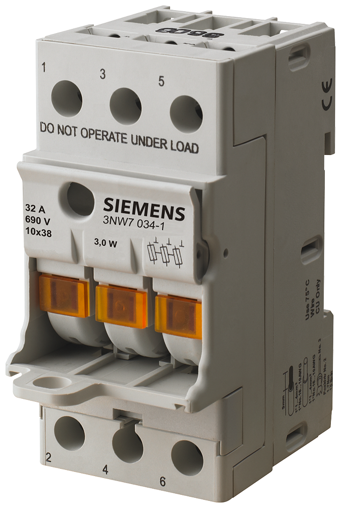 Siemens 3NW7, fuse base, 10 x 38 mm, 3-Pole, In: 32 A, Un AC: 690 V, LED signal detector