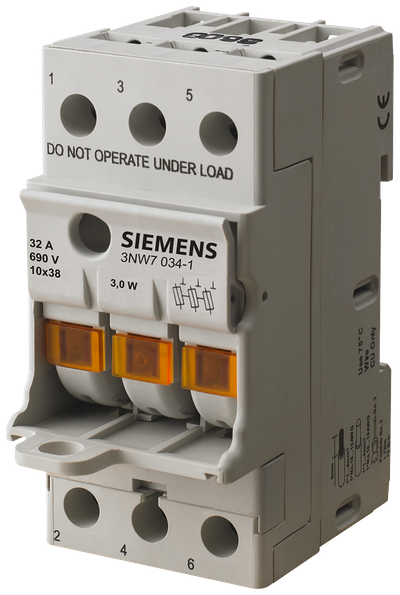 Siemens 3NW7, fuse base, 10 x 38 mm, 3-Pole, In: 32 A, Un AC: 690 V, LED signal detector