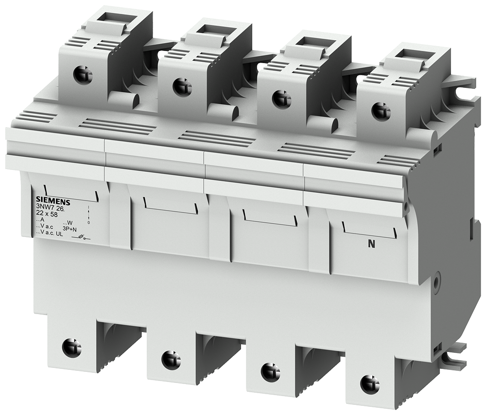 Siemens Fuse Base 3P+N, 100A, for fuses 22X58MM, DIN rail mounting 3NW7261