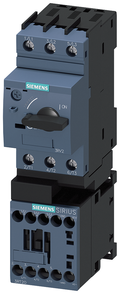 Siemens SIRIUS Load feeder fuseless, Direct-on-line starting 400 V AC, Size S00 3.50...5.00 A 24 V DC screw terminal for installation on standard mounting rail Type of coordination 1, Iq = 150 kA 1 NO (contactor)