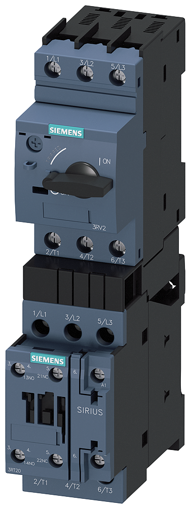 Siemens SIRIUS Load feeder fuseless, Direct-on-line starting 400 V AC, Size S0 4.50...6.30 A 230 V AC screw terminal for installation on standard mounting rail (also fulfills type of coordination 1) Type of coordination 2, Iq = 150 kA 1 NO+1 NC (contactor) (3RA2120-1GA24-0AP0)