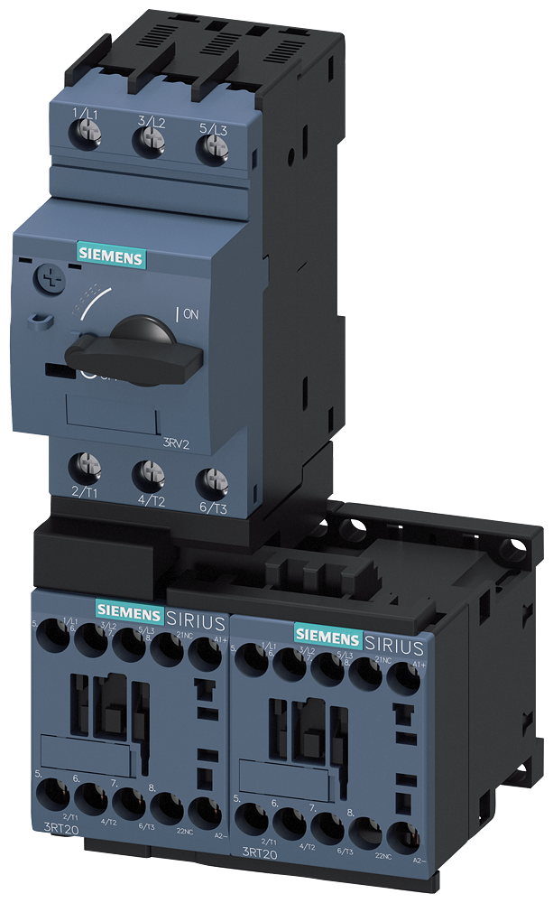 Siemens SIRIUS Load feeder fuseless, Reversing duty 400 V AC, Size S00 0.22...0.32 A 24 V DC screw terminal for installation on standard mounting rail (also fulfills type of coordination 1) Type of coordination 2, Iq = 150 kA 1 NC (contactor) (3RA2210-0DA15-2BB4)