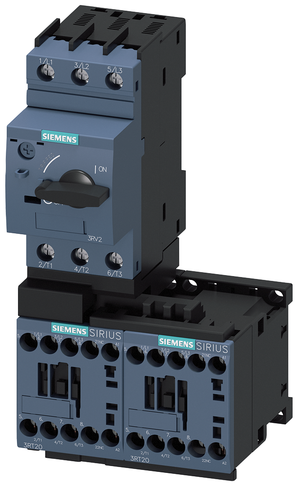 Siemens SIRIUS Load feeder fuseless, Reversing duty 400 V AC, Size S00 4.50...6.30 A 230 V AC screw terminal for installation on standard mounting rail Type of coordination 1, Iq = 150 kA 1 NC (contactor) (3RA2210-1GA15-2AP0)